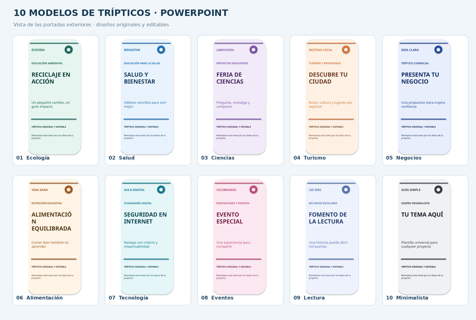 Trípticos en PowerPoint: 10 plantillas editables gratis 1 Vista previa de los 10 modelos originales de trípticos editables en PowerPoint