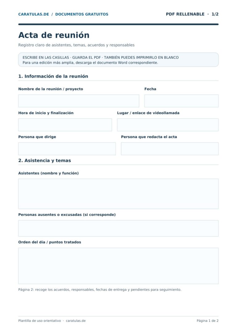 Vista previa del PDF rellenable con campos vacíos para completar: acta de reunion