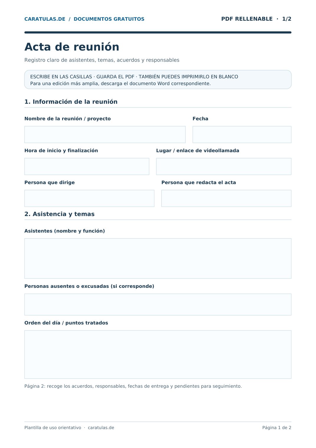 Acta de reunión en Word y PDF: formato gratis 1 Vista previa del PDF con casillas vacías para rellenar