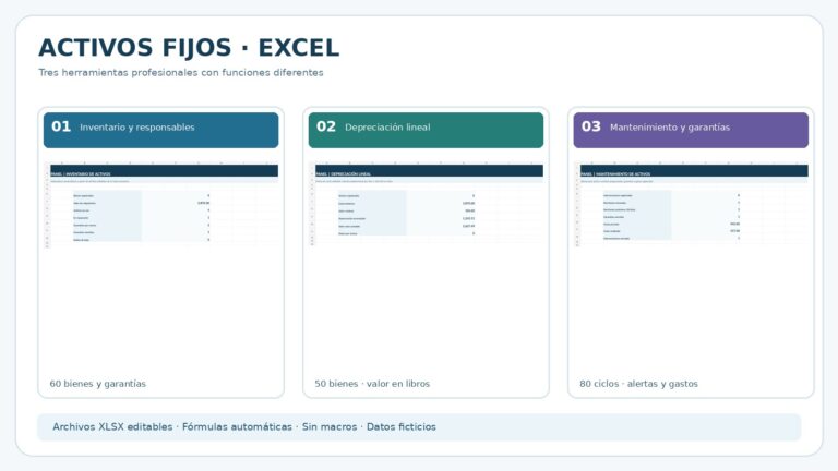 Vistas previas reales de inventario, depreciación y seguimiento de mantenimiento de activos fijos