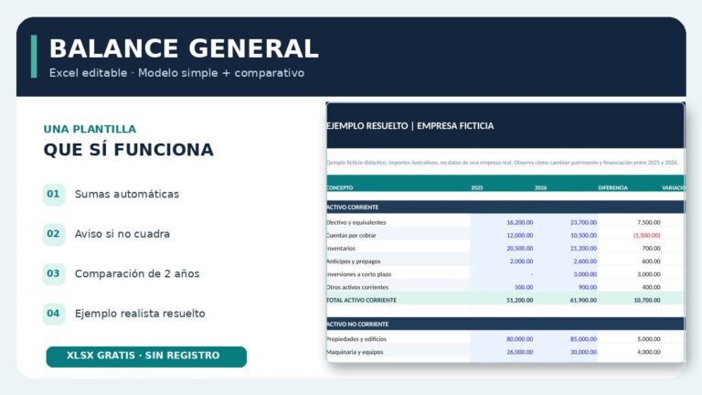 Vista real de un balance general en Excel con activo corriente, totales, columnas 2025 y 2026 y fórmulas automáticas