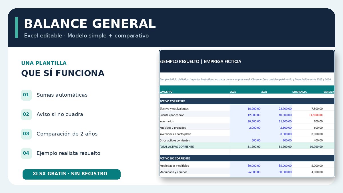 Balance general en Excel gratis: 2 modelos con fórmulas 1 Vista del balance general Excel profesional con ejemplo de cuentas de 2025 y 2026