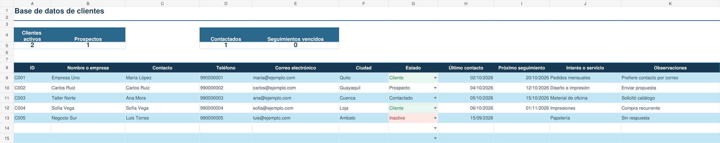Vista previa de la plantilla base de datos de clientes en Excel