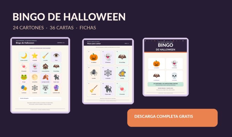 Vista previa de cartones, cartas y portada del bingo de Halloween