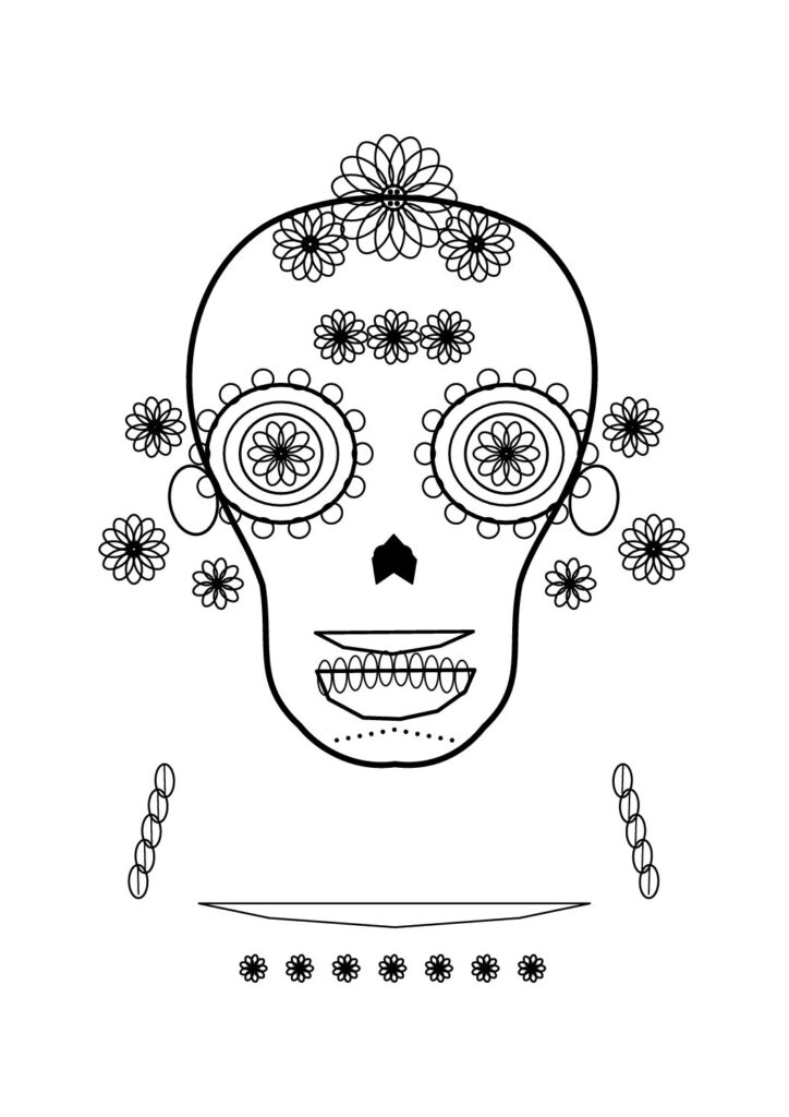 Dibujo de calavera floral para colorear con detalles decorativos A4