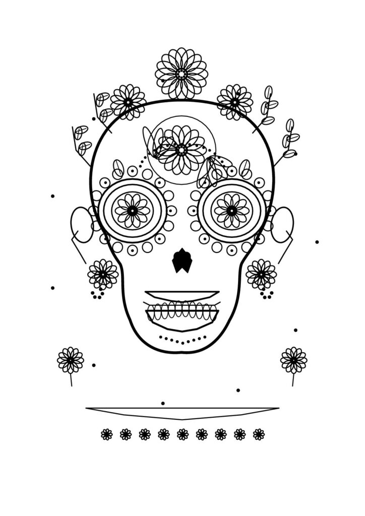 Calavera mexicana ornamental con flores y motivos simétricos en tinta para colorear