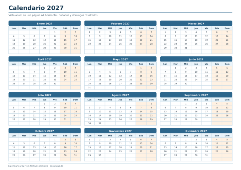 Calendario 2027 anual para imprimir en PDF y editar en Excel