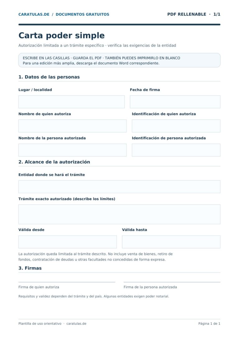 Vista previa del PDF rellenable con campos vacíos para completar: carta poder simple