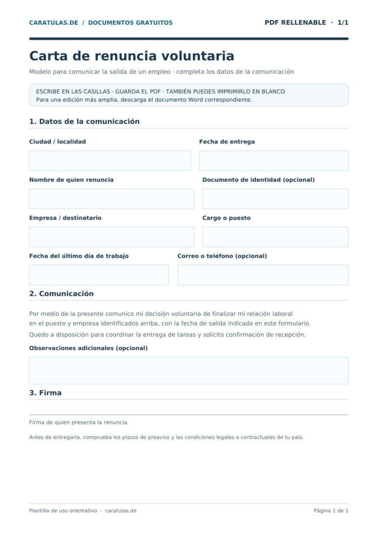 Vista previa del PDF rellenable con campos vacíos para completar: carta renuncia voluntaria