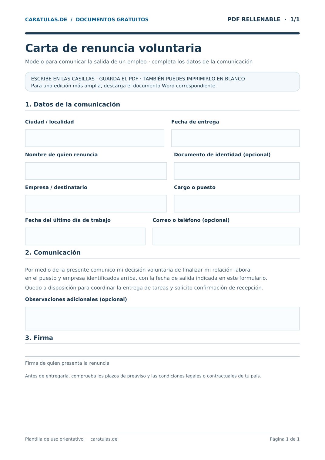 Carta de renuncia voluntaria en Word y PDF gratis 1 Vista previa del PDF con casillas vacías para rellenar