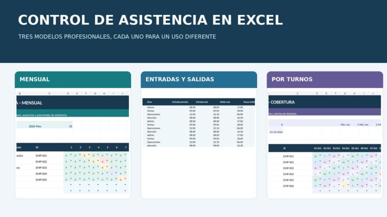 Vista previa de las tres plantillas reales Excel para asistencia mensual fichajes y turnos