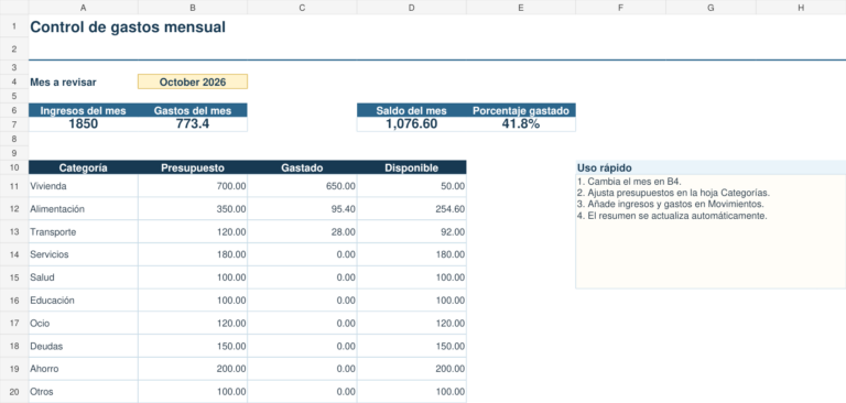 Vista previa de la plantilla de control de gastos mensual en Excel