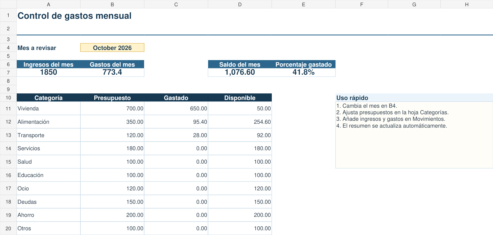 Vista previa de la plantilla de control de gastos mensual en Excel