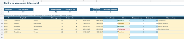 Vista previa de plantilla Excel para control de vacaciones y saldos
