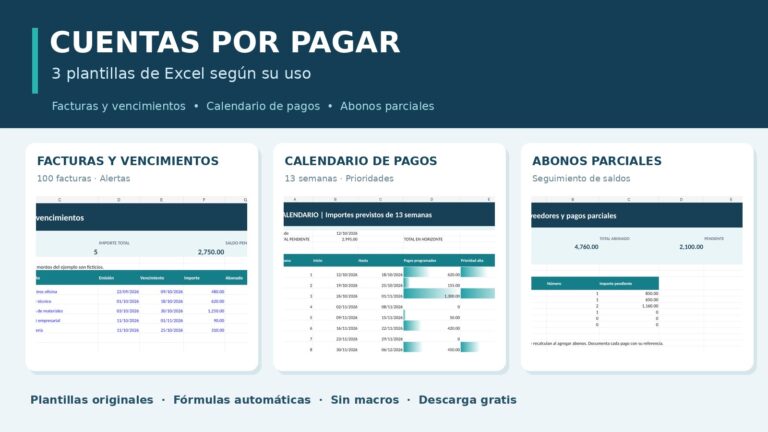 Tres plantillas de cuentas por pagar en Excel con capturas reales de facturas vencimientos calendario y abonos