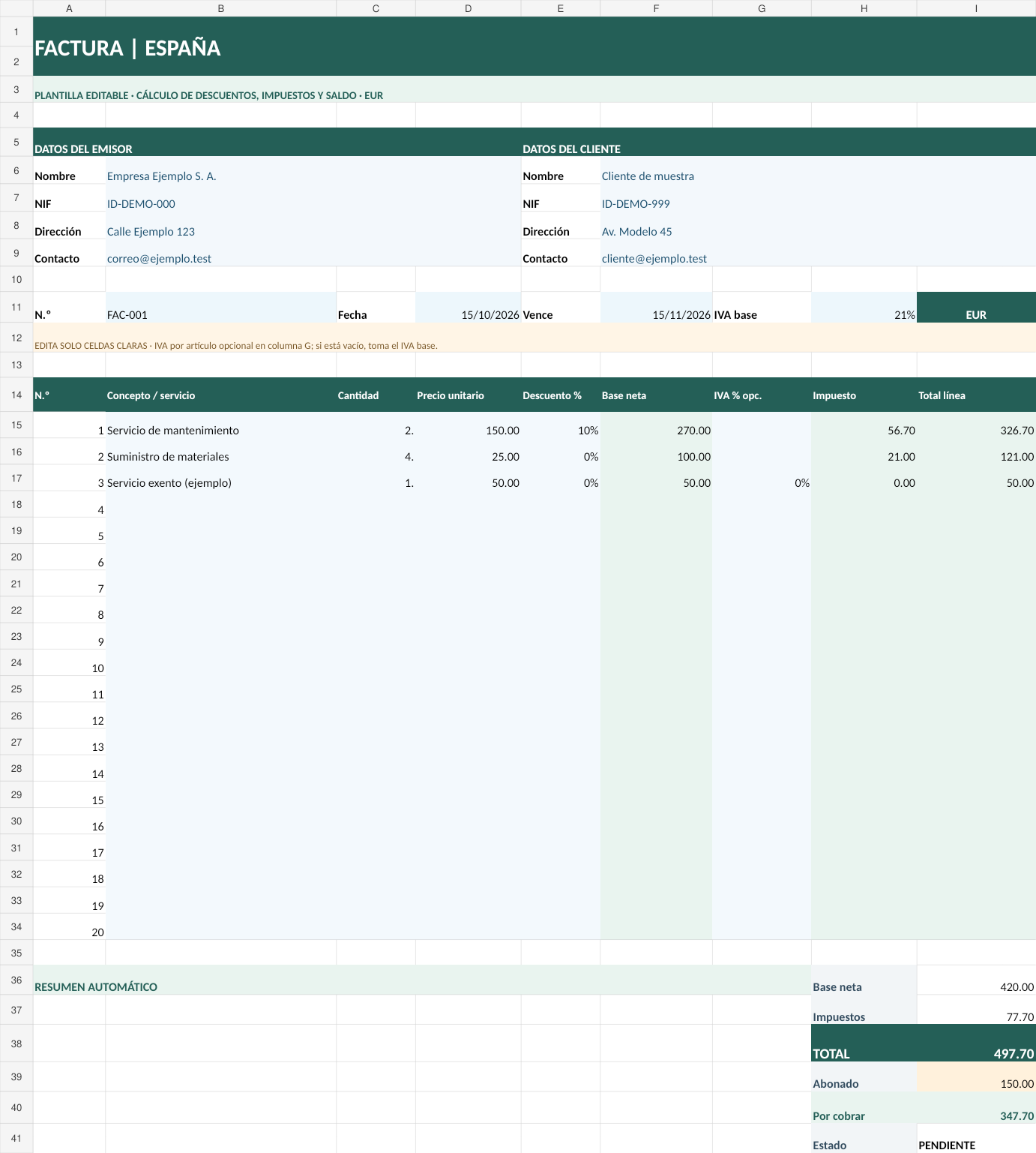 Captura real de la hoja de cálculo Excel de ejemplo, con fórmulas y resumen
