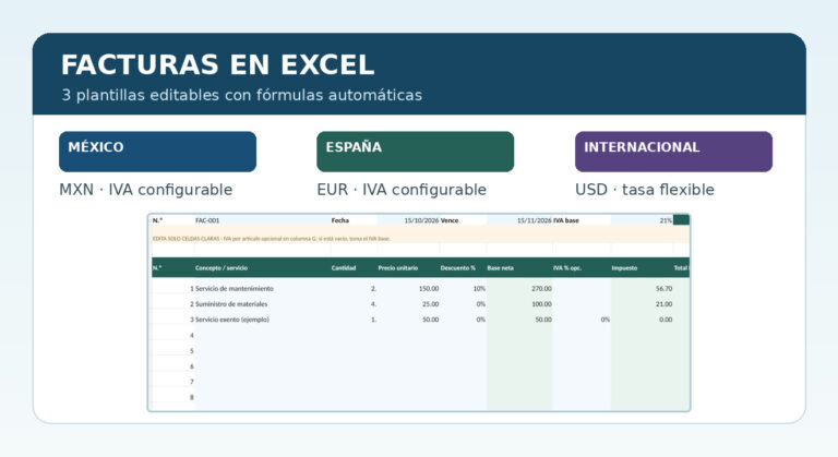 Vista previa de tres facturas en Excel con fórmulas y cálculo de impuestos