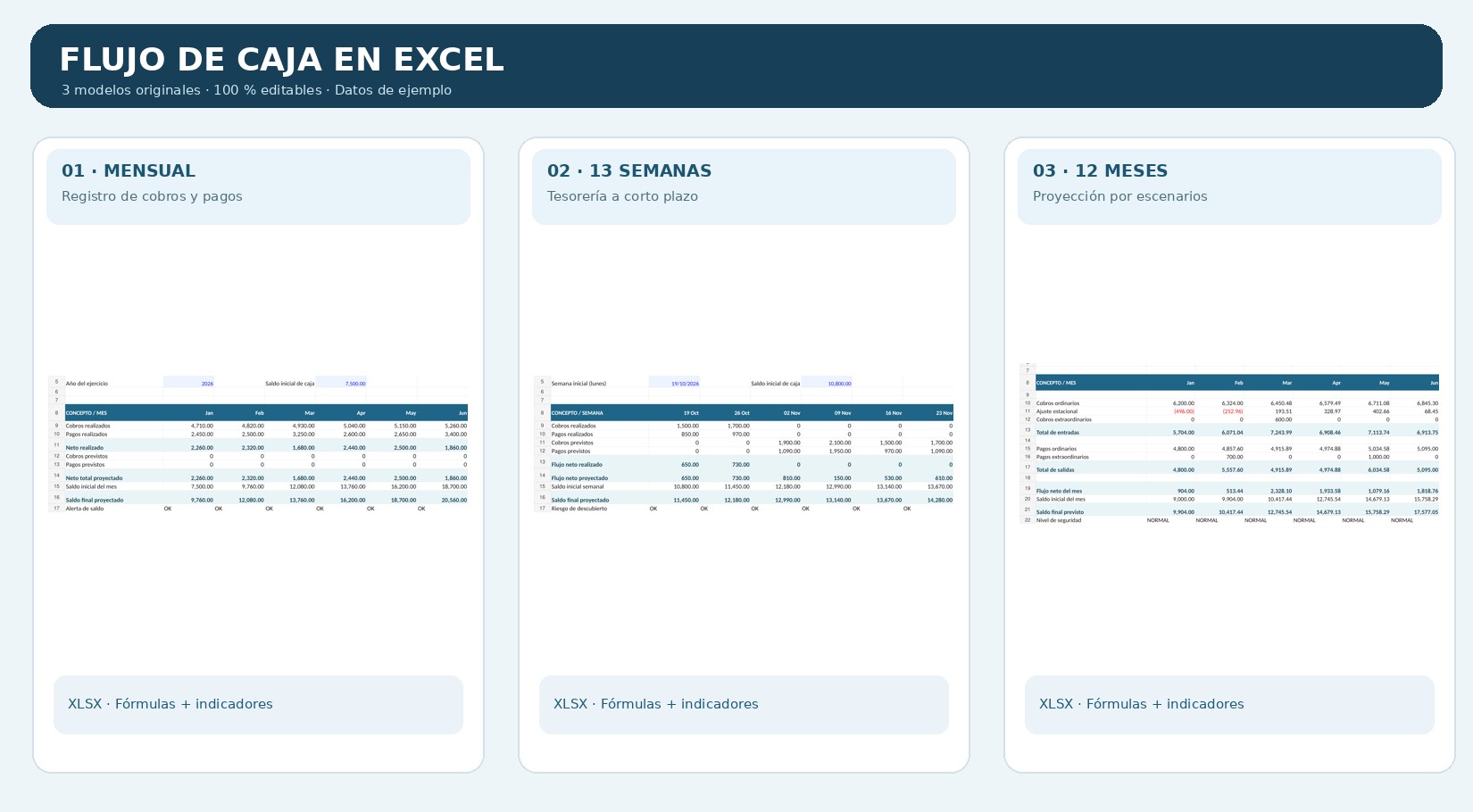 Flujo de caja en Excel automático: 3 plantillas gratis 1 Tres capturas reales de flujo de caja en Excel: mensual, 13 semanas y proyección de 12 meses