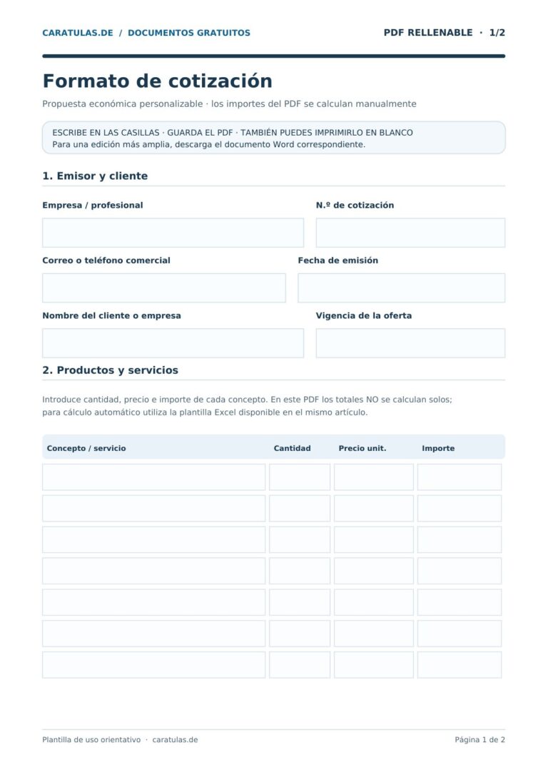 Vista previa del PDF rellenable con campos vacíos para completar: formato cotizacion