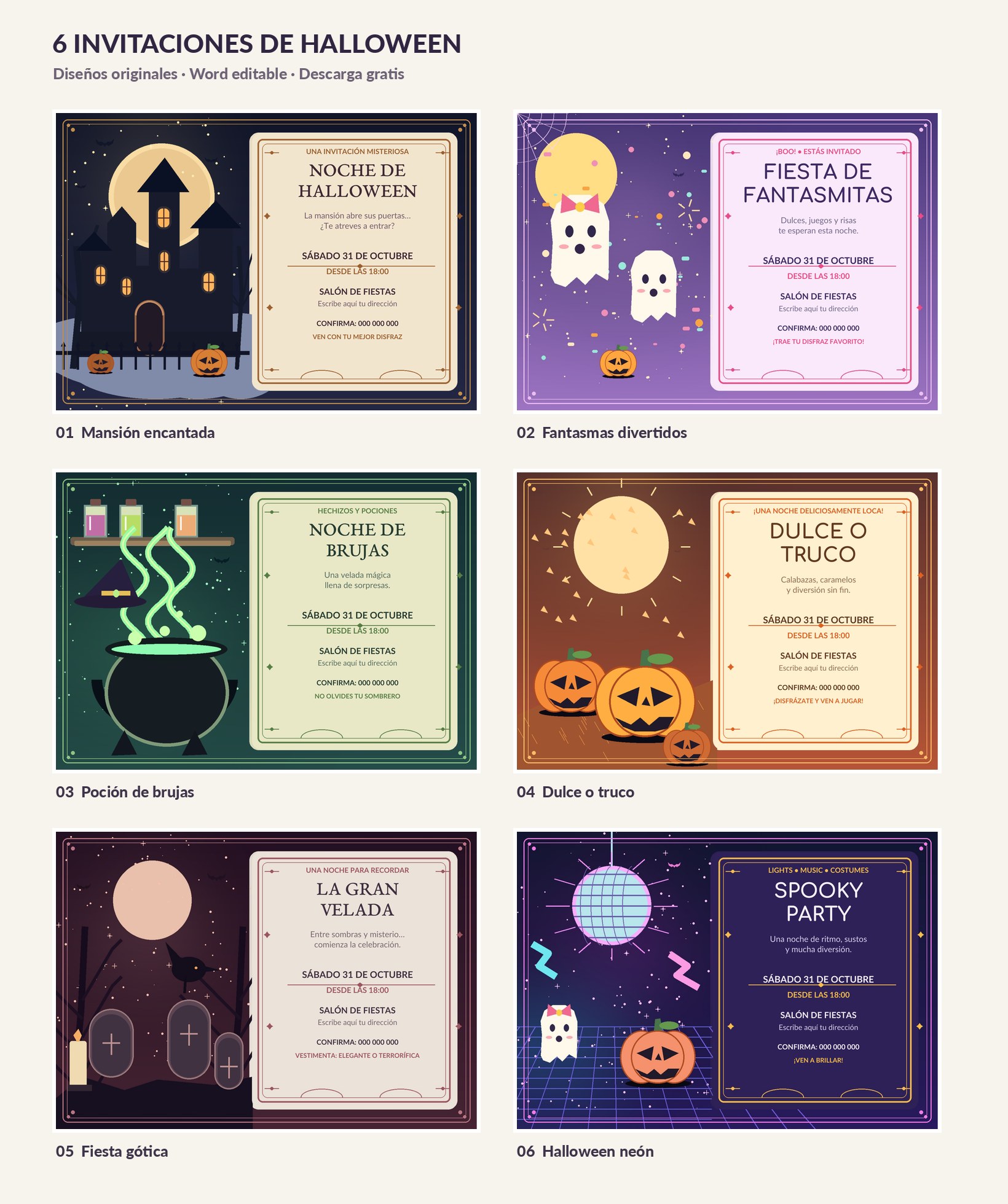 Galería real de seis invitaciones de Halloween originales con diseños premium y texto editable en Word