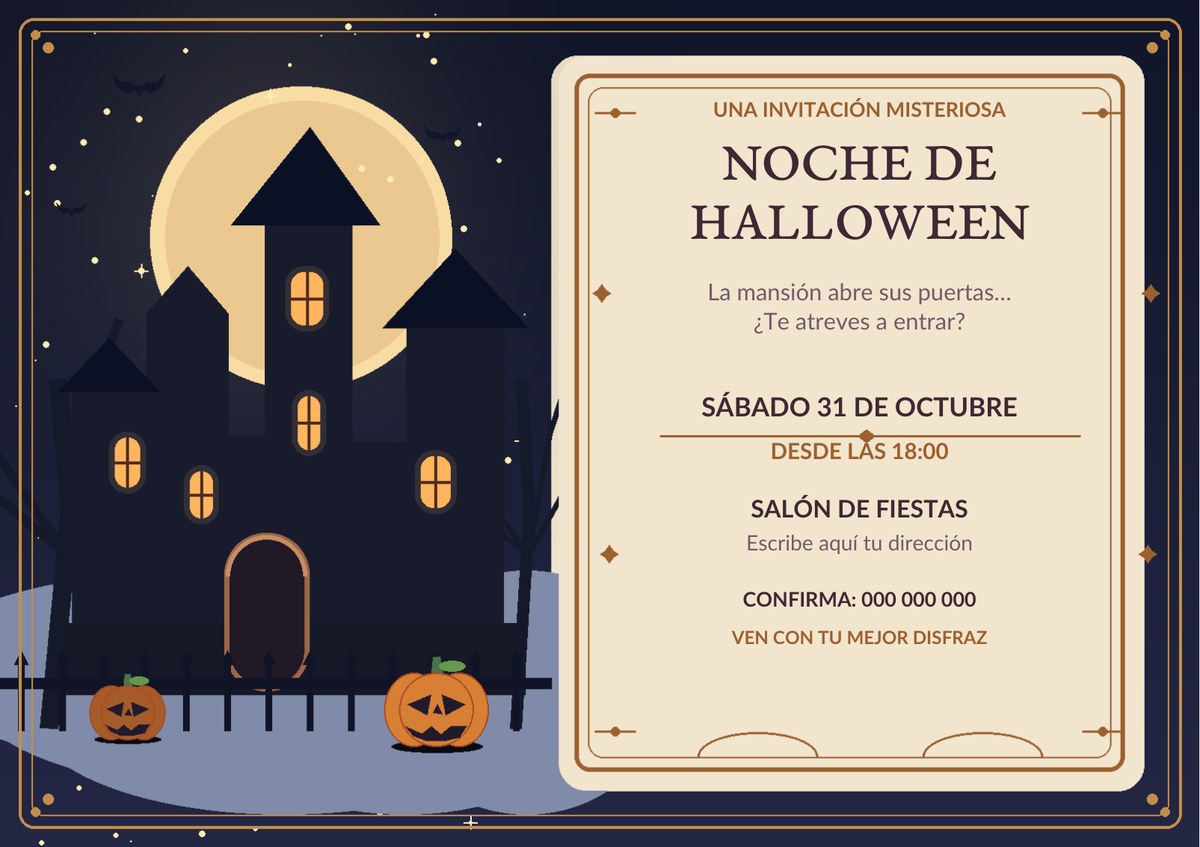 Diseño real de invitación Halloween Mansión encantada editable en Word