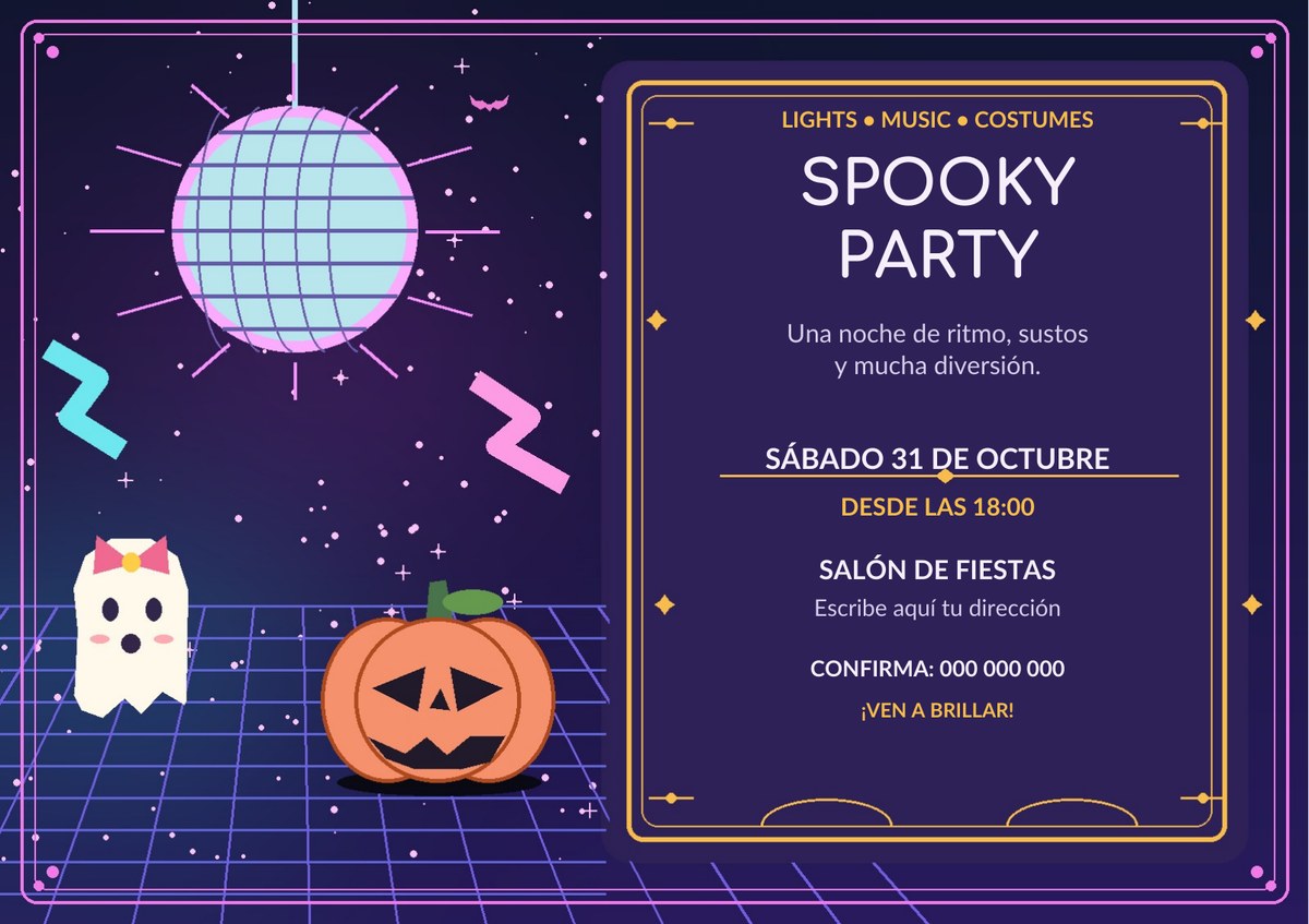 Diseño real de invitación Halloween Halloween neón editable en Word