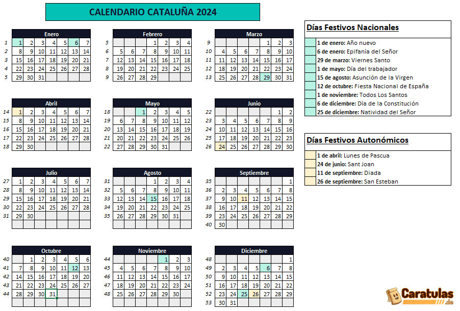 Calendario Laboral Cataluña en Excel para Descargar e Imprimir Gratis