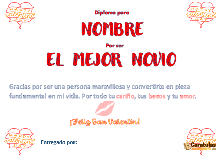 Diploma al Mejor Novio del Mundo en Word Editable para imprimir gratis
