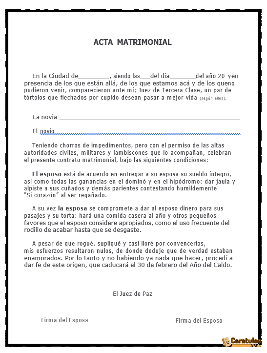 Acta de Matrimonio Falsa en Word y PDF para descargar online y rellenar