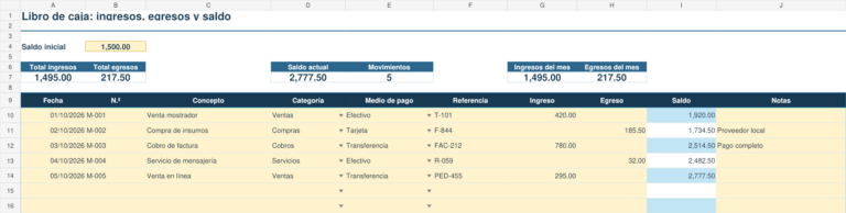 Vista previa de plantilla de libro de caja en Excel