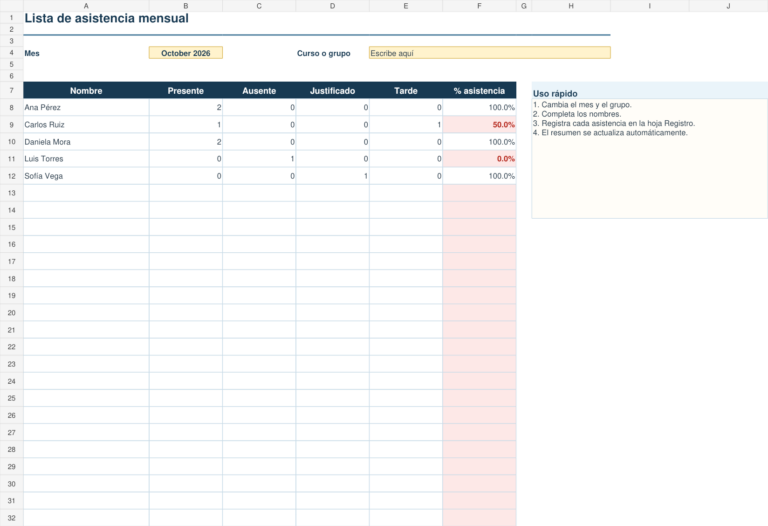 Vista previa de plantilla de lista de asistencia mensual en Excel