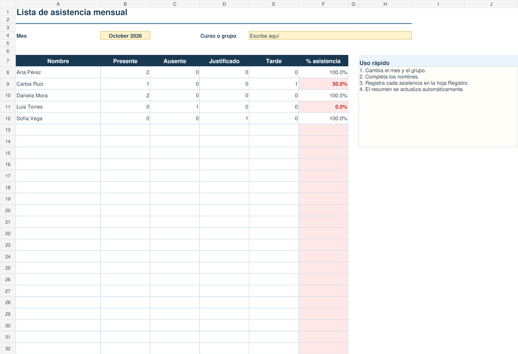 Vista previa de una lista de asistencia mensual en Excel