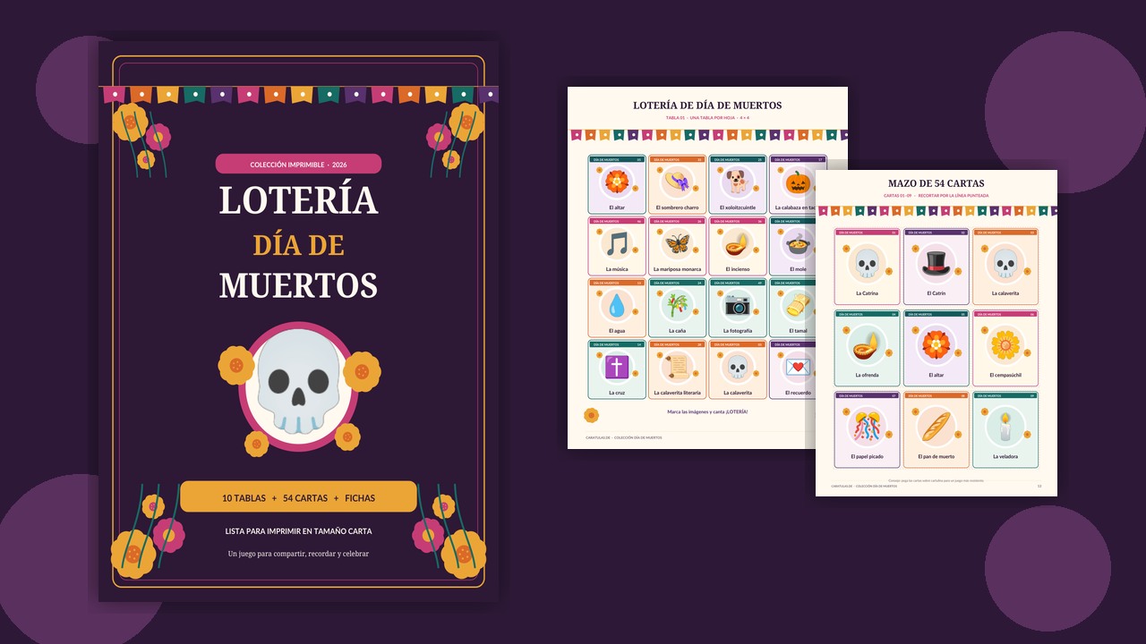 Vista previa completa de lotería de Día de Muertos con portada, tablas y cartas para imprimir