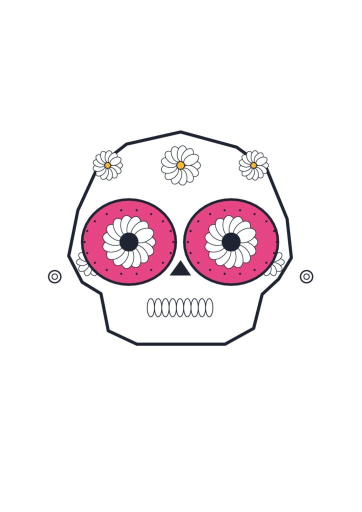 Máscara de calavera floral en colores vivos con ojos y contorno para recortar
