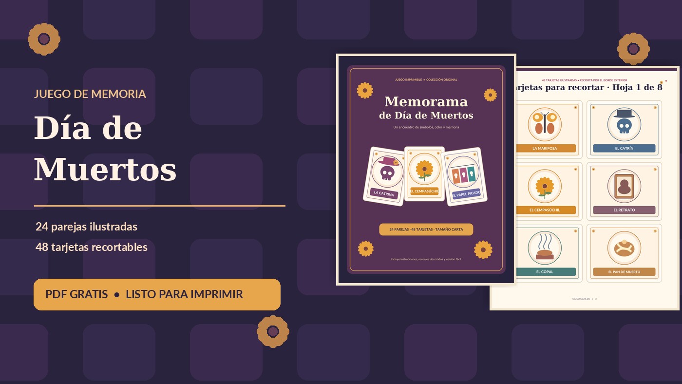 Vista previa del memorama de Día de Muertos: portada y tarjetas ilustradas para imprimir gratis