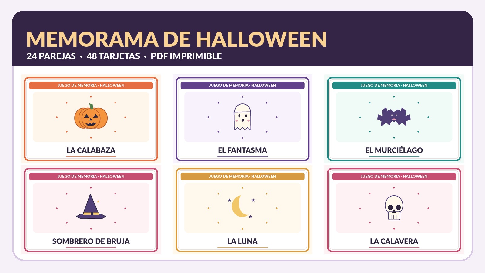 Memorama de Halloween con tarjetas reales: calabaza, fantasma, murciélago, sombrero de bruja, luna y calavera