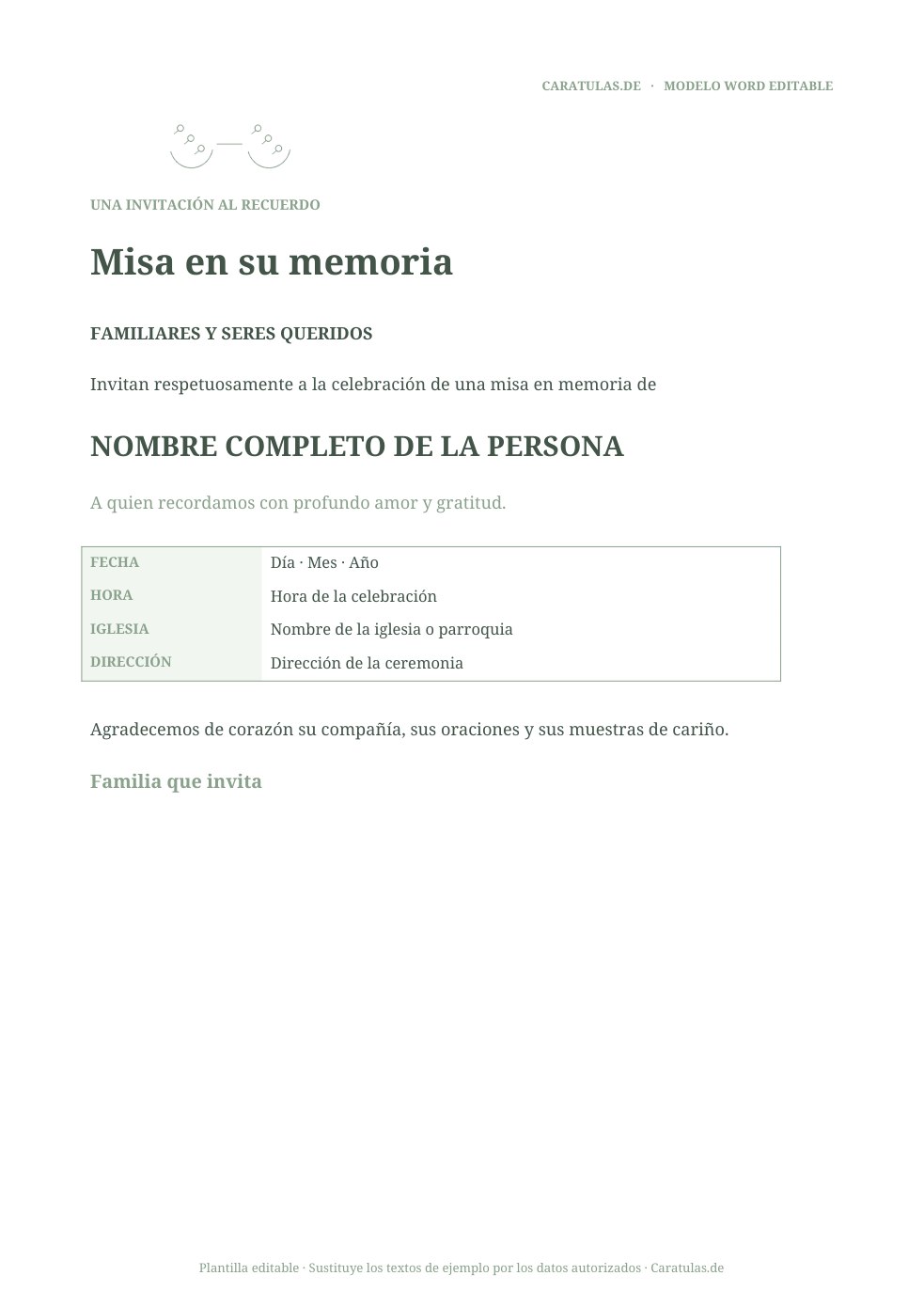 Invitaciones a misa de difuntos en Word: 3 modelos 3 Modelo nuevo 2: Misa floral, vista previa real