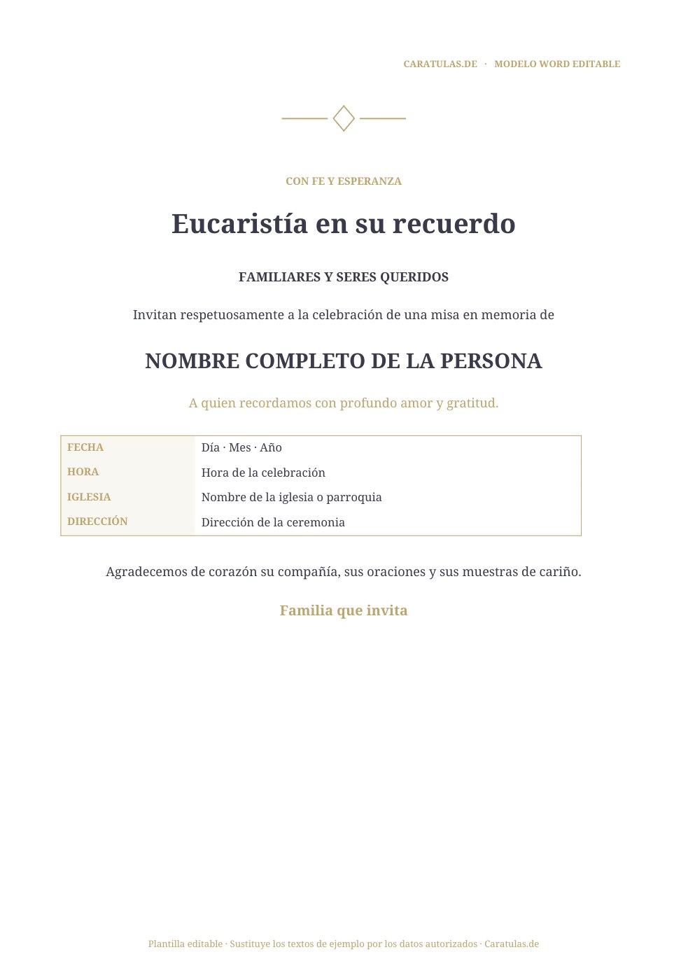 Invitaciones a misa de difuntos en Word: 3 modelos 4 Modelo nuevo 3: Misa tradicional, vista previa real