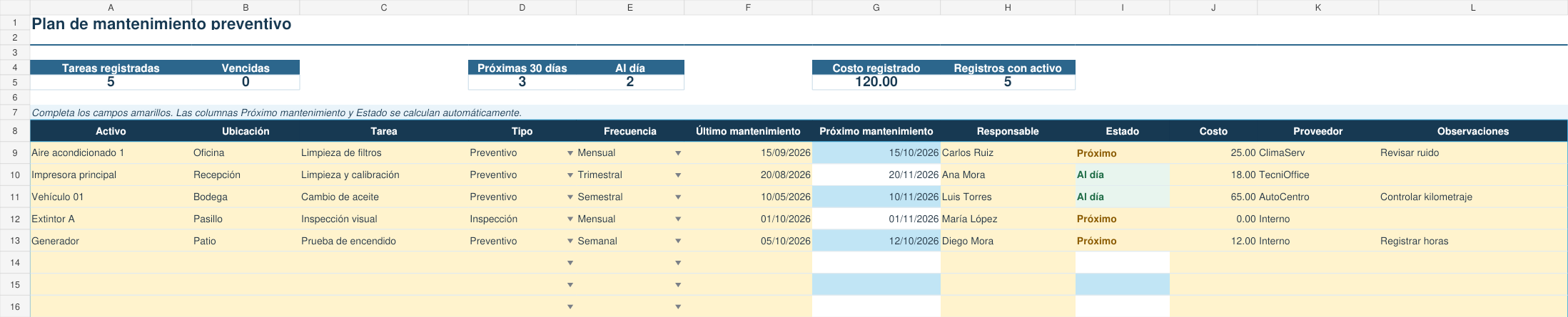 Plan de mantenimiento preventivo en Excel gratis 1 Vista previa de la plantilla de mantenimiento preventivo en Excel