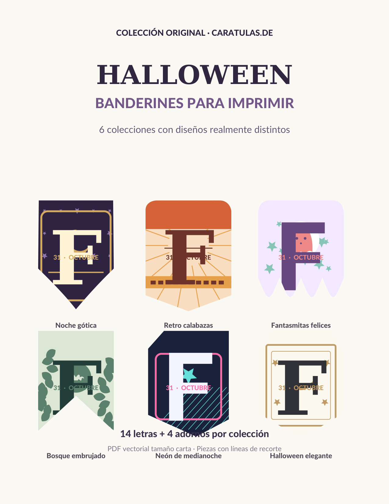 Banderines de Halloween para imprimir: 6 estilos PDF gratis 2 Portada del PDF completo de banderines de Halloween para imprimir