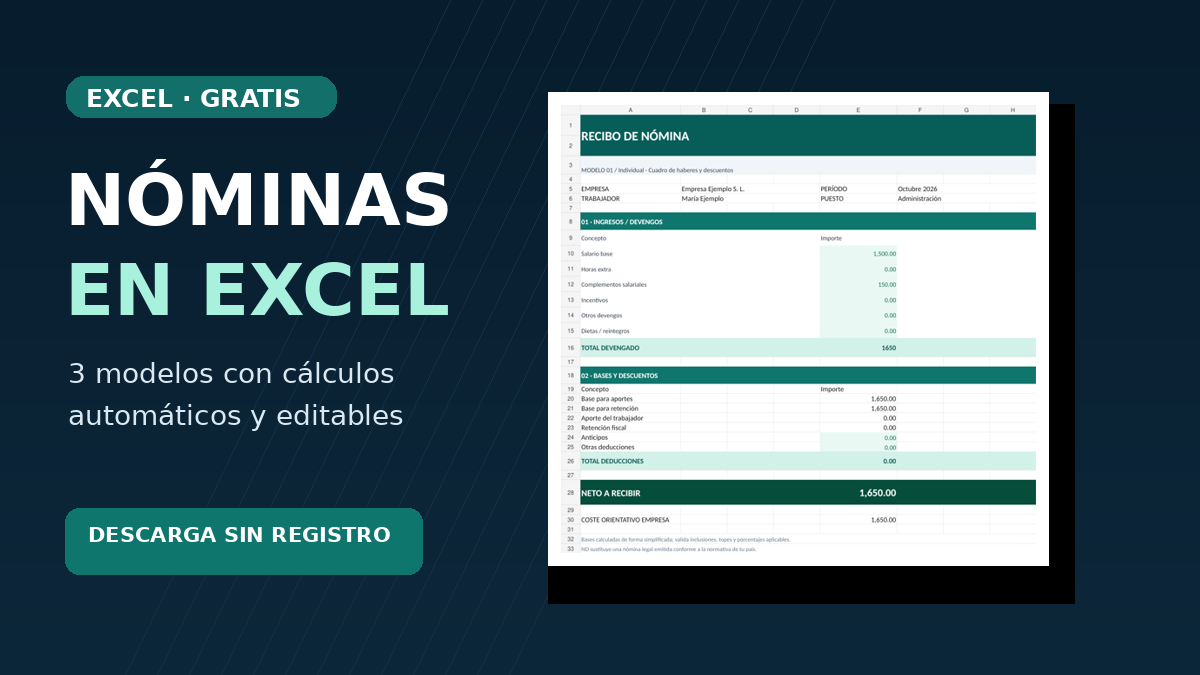 Tres modelos originales de nómina Excel: recibo individual, registro mensual de equipo y control anual