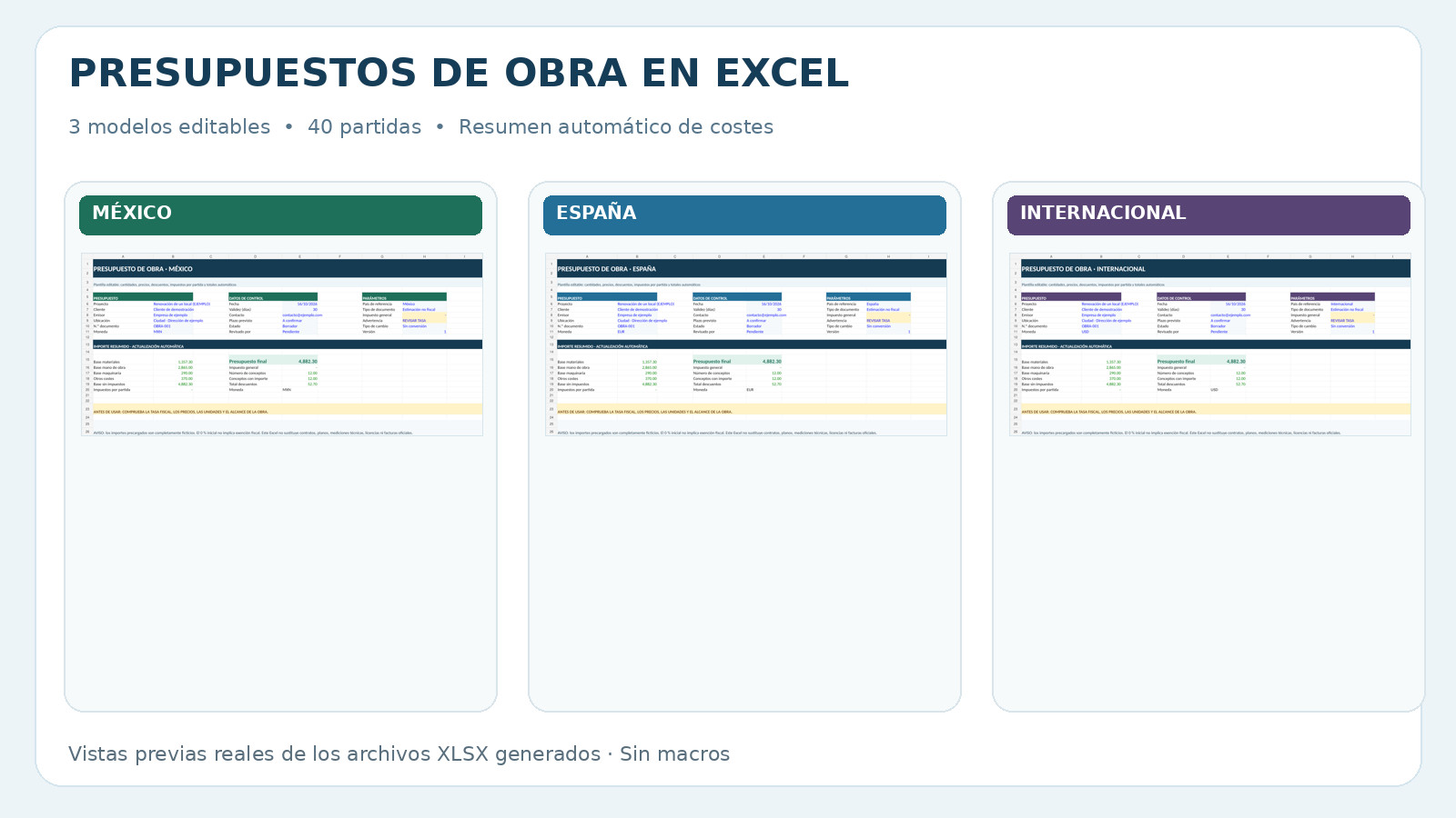 Presupuesto de obra en Excel automático: 3 modelos gratis 1 Tres presupuestos de obra y reformas en Excel: México España e internacional con cálculos automáticos