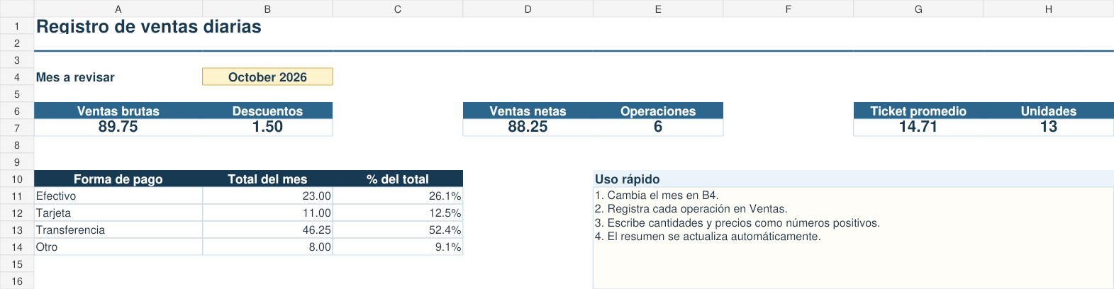Registro de ventas diarias en Excel: plantilla gratis 1 Vista previa de la plantilla de registro de ventas diarias en Excel