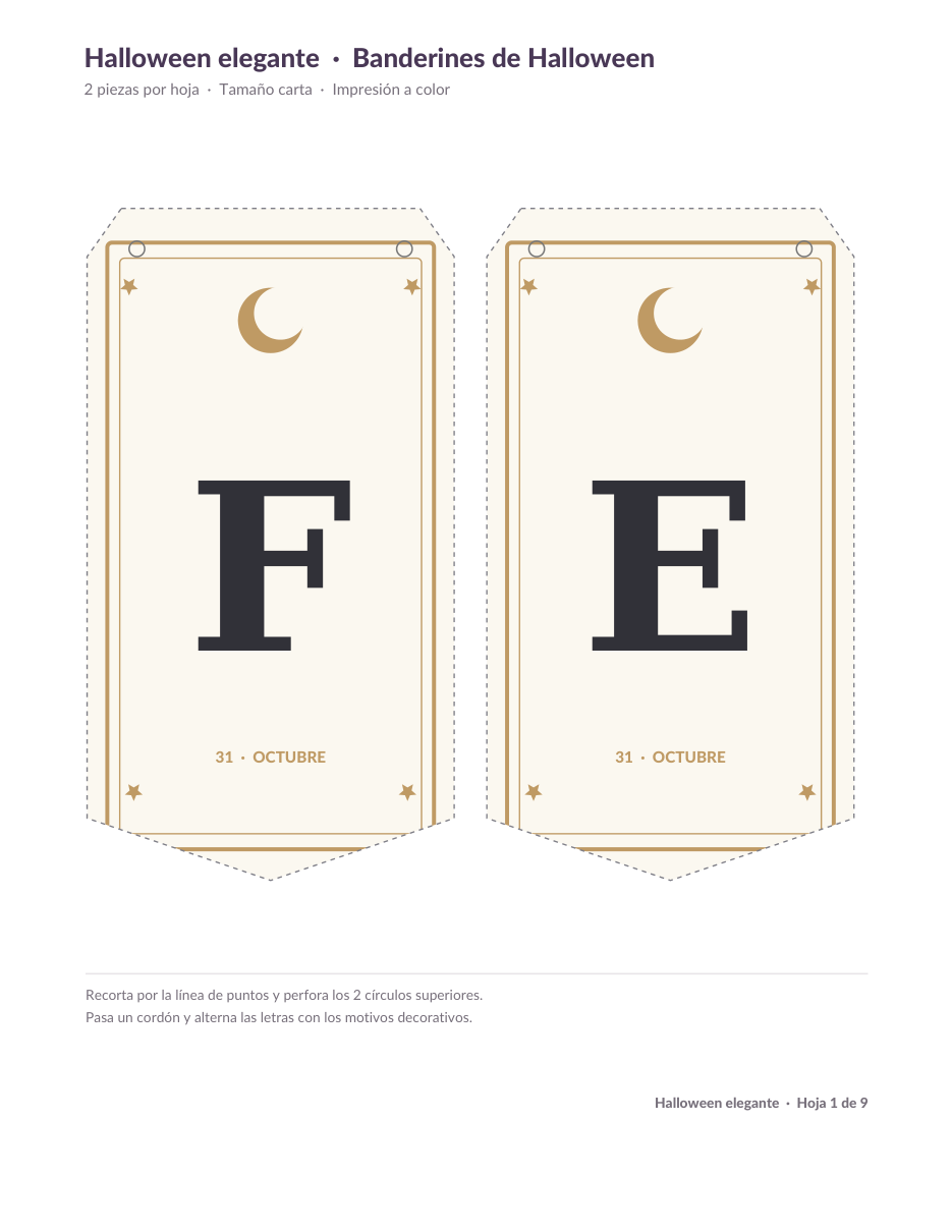 Banderines de Halloween para imprimir: 6 estilos PDF gratis 8 Vista previa original de banderines Halloween elegante con letras F y E de Feliz Halloween