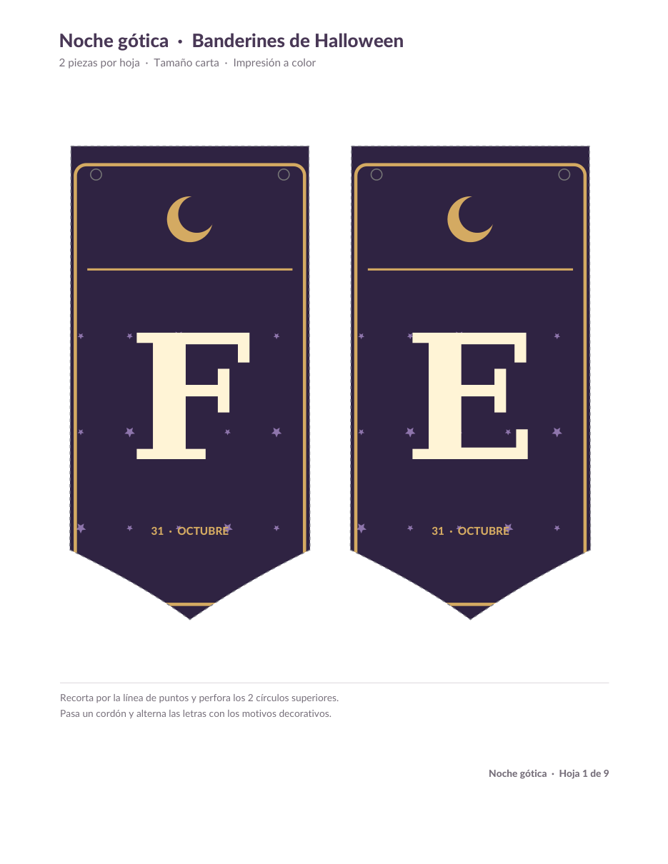 Banderines de Halloween para imprimir: 6 estilos PDF gratis 3 Vista previa original de banderines Noche gótica con letras F y E de Feliz Halloween