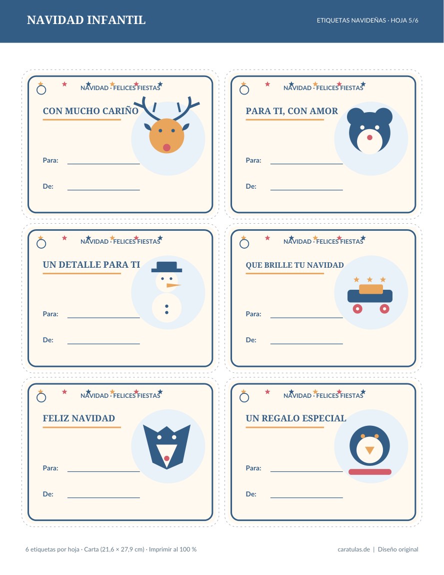 Etiquetas navideñas para regalos: 36 modelos PDF y PNG 7 Hoja de seis etiquetas navideñas de la colección Navidad infantil lista para imprimir