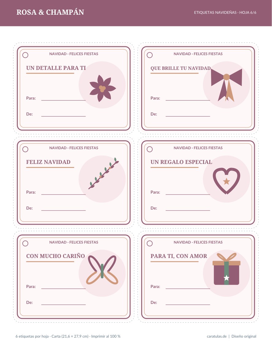 Etiquetas navideñas para regalos: 36 modelos PDF y PNG 8 Hoja de seis etiquetas navideñas de la colección Rosa y champán lista para imprimir