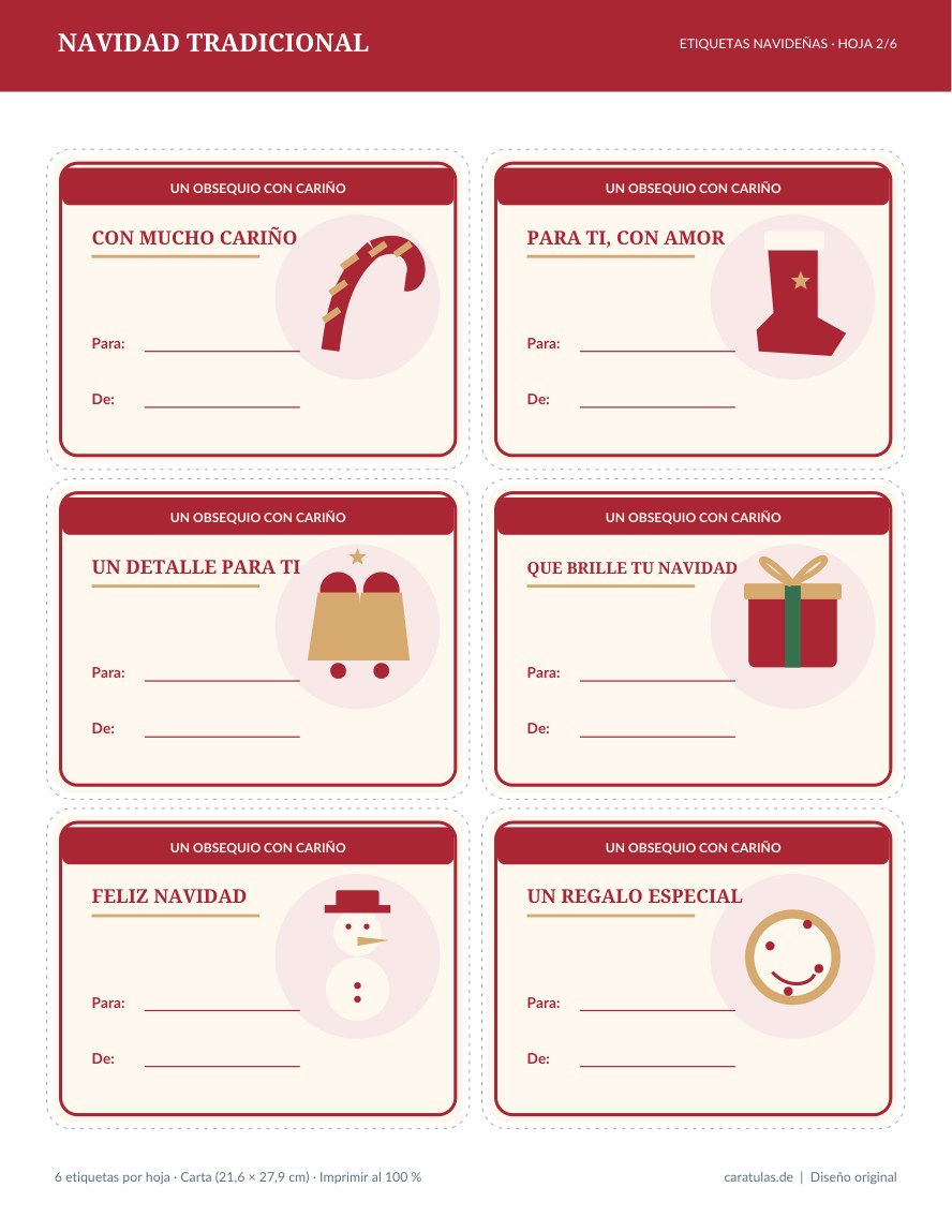 Etiquetas navideñas para regalos: 36 modelos PDF y PNG 4 Hoja de seis etiquetas navideñas de la colección Navidad tradicional lista para imprimir