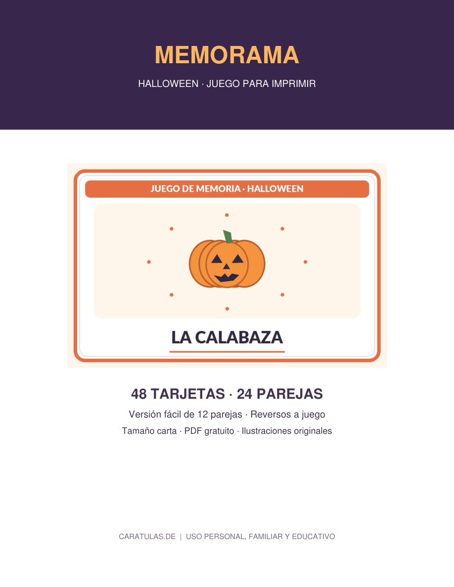 Portada real del PDF de memorama de Halloween de 15 páginas