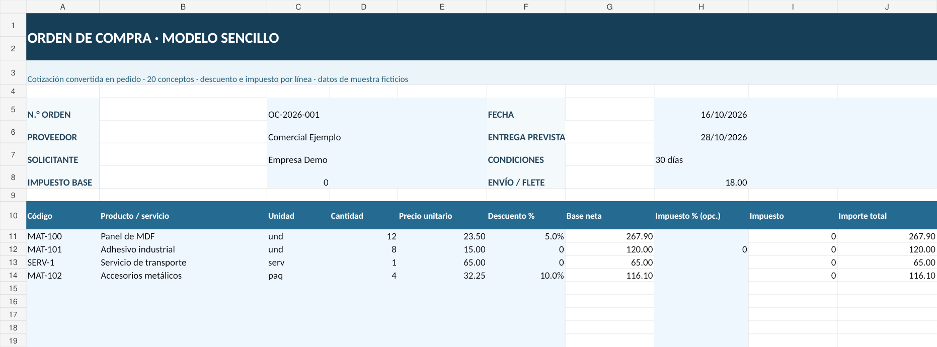 Orden de compra en Excel: 3 plantillas automáticas gratis 2 Captura real de la plantilla Excel Orden de compra sencilla con datos de ejemplo y fórmulas